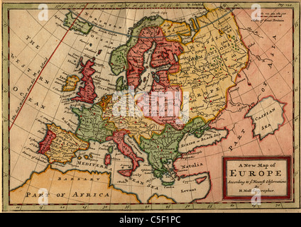 Antiquarian carte de l'Europe : "Une nouvelle carte de l'Europe d'après les dernières observations de H. Moll (1721) géographe' - Herman Moll Banque D'Images