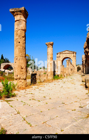 La rue à colonnade et l'Arc de triomphe romain, Al Bass site , pneu (Sour), UNESCO World Heritage Site. Le Liban. Banque D'Images