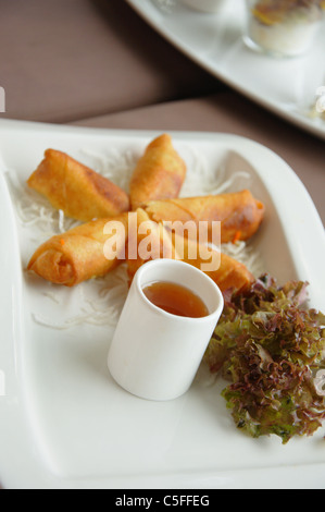 Des rouleaux de printemps sur une assiette avec salade et sweet chili Banque D'Images