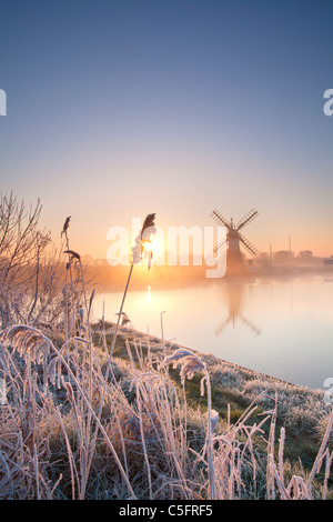 Thurne moulin au lever du soleil sur un matin après une nuit de l'hiver le givre sur les Norfolk Broads Banque D'Images