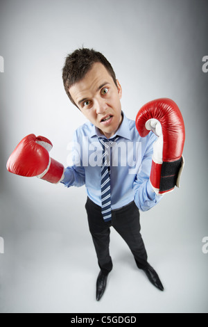 De Fisheye angry businessman in boxing gloves posing in front of camera Banque D'Images