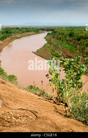Paysage de la rivière Omo, dans le village de Kolcho, dans la basse vallée de l'Omo, dans le sud de l'Éthiopie, l'Afrique. Banque D'Images
