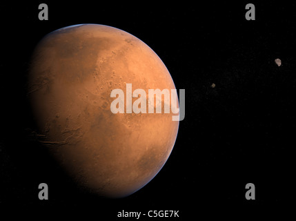Planète Mars avec ses satellites Phobos et Deimos Banque D'Images