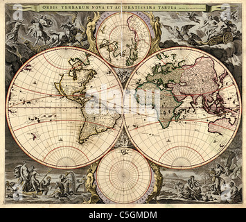 Orbis Terrarum Nova et Accuratissima Tabula - Carte du Monde Antique par Nicolao Visscher vers 1690 Banque D'Images