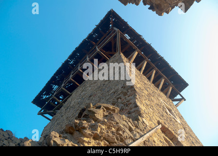 Ruines de la tour du château du XIII siècle. Montagnes de Transcarpathie, en Ukraine. Banque D'Images