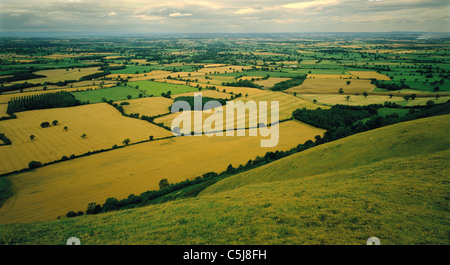 Le nord Shropshire plain - une mosaïque de champs anciens - vu d'une montagne appelée Lawley, près de Church Stretton, Banque D'Images