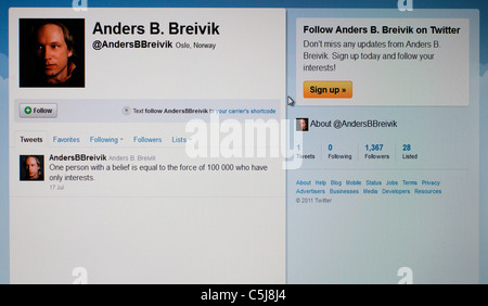 Capture d'écran de la page Twitter d'Anders Behring Breivik le principal suspect dans les attaques à la bombe et de fusillades en Norvège Banque D'Images