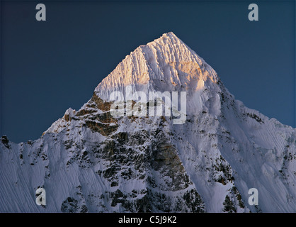 Aube lumière sur le sommet du pic de coin de Pang Pema dans la région du Kangchenjunga est du Népal. Banque D'Images