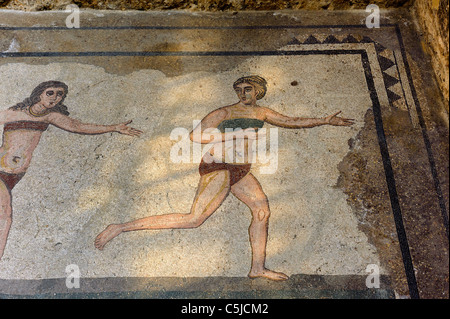 Mosaïque de la Villa Romana del Casale près de Piazza Armerina, Sicile, Italie Banque D'Images