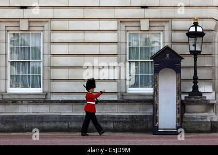 Scots Guard de Queen's Royal Guard approche de guérite à l'extérieur de Buckingham Palace, Londres, Angleterre Banque D'Images