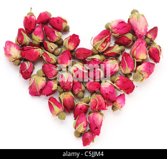 Heap de thé roses dans une forme de coeur isolé sur un fond blanc. Banque D'Images