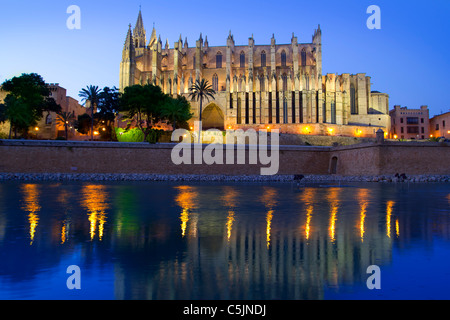 Cathédrale de la Seu Majorque Palma de Majorque dans la réflexion sur le lac à Iles Baléares Banque D'Images