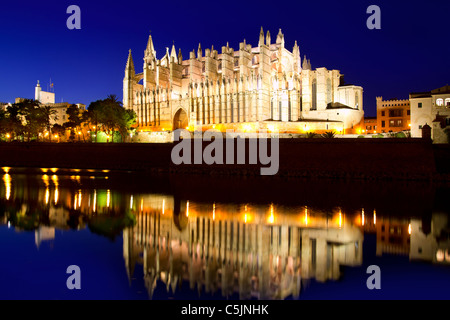 Cathédrale de la Seu Majorque Palma de Majorque dans la réflexion sur le lac à Iles Baléares Banque D'Images