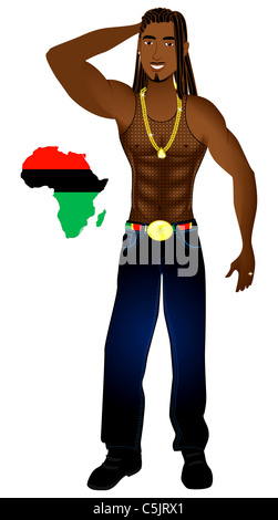 Vector Illustration d'un homme africain avec Rasta Afrocentriques carte. Banque D'Images