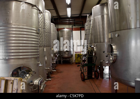 L'aluminium moderne barils où le jus de raisin en vin est vieilli situé dans un vignoble cave. Banque D'Images