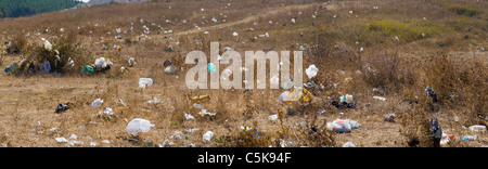 Des sacs en plastique et autres déchets éparpillés dans un morceau de terre Banque D'Images