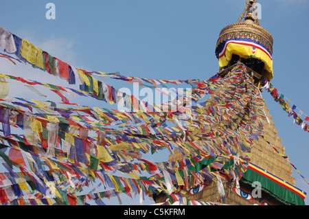 Les drapeaux de prières au Stupa de Boudhanath, Katmandou Banque D'Images