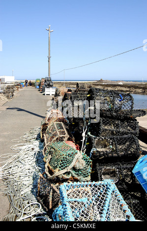 L'équipement de pêche sur mur du port à Largs, Northumberland Banque D'Images