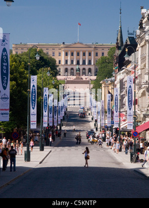 Palais Royal (Slottet) et Karl Johans Gate avec des bannières pour la Norvège de la jeunesse coupe du tournoi de football (soccer), Oslo, Norvège Banque D'Images