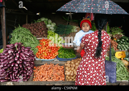 Femme en robe à fleurs, vue de dos, à la recherche de légumes sur market stall, et portant un bébé sur son épaule, Sri Lanka Banque D'Images