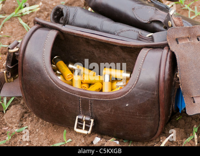 Une cartouche en cuir sac sac ouvert montrant les cartouches de fusil de chasse Banque D'Images