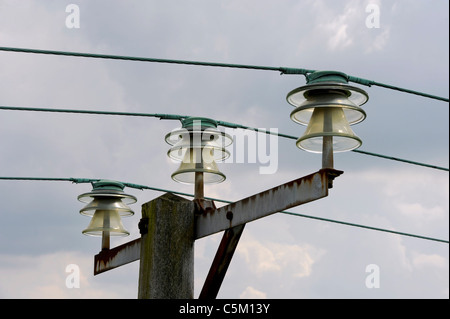 Lignes électriques aériennes avec isolants en verre, East Sussex, Royaume-Uni Banque D'Images