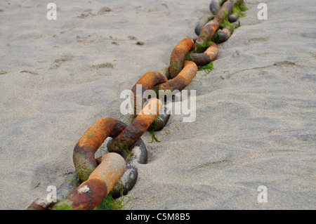 Une chaîne d'ancre rouillée sur le sable Banque D'Images