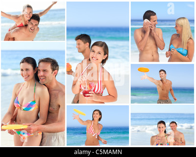 Collage de belle des couples bénéficiant d'un moment ensemble sur une plage Banque D'Images