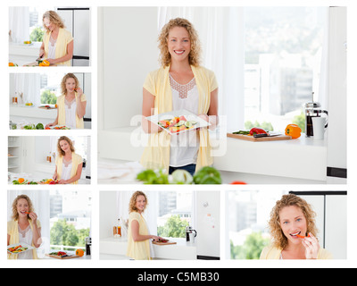 Collage d'une belle femme cuisiner et manger quelques légumes à la maison Banque D'Images