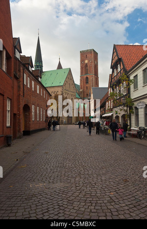 Vieille Ville avec la Cathédrale de Ribe et rue commerçante, Jutland, Danemark Banque D'Images