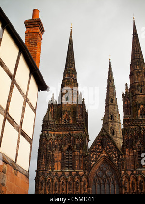 L'ouest de la cathédrale de Lichfield avant avec flèches et pierres de figures de saints, rois et reines restauré par Gilbert Scott Banque D'Images