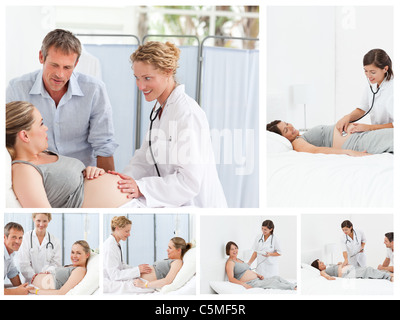 Collage of a pregnant couple avec le médecin Banque D'Images