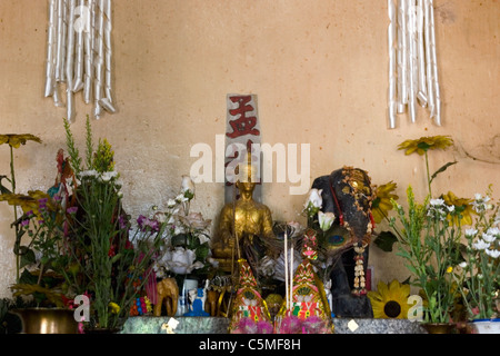 Une statue du Bouddha d'or et de sculptures d'éléphants sont sur l'affichage à l'intérieur d'un temple bouddhiste chinois coloré dans le Nord de la Thaïlande. Banque D'Images