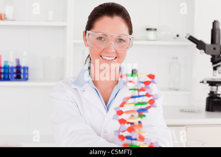 Smiling scientist montrant le modèle en double hélice de l'adn Banque D'Images