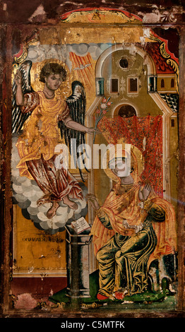 Peinture d'icône de l'Annonciation de Turquie, XIXe siècle. Archange Gabriel et la Vierge Marie, peinture religieuse orthodoxe sur panneau de bois. Musée des beaux-arts. Banque D'Images
