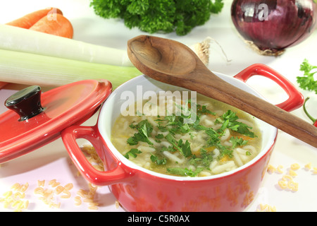 Soupe à l'alphabet avec carottes, poireaux, oignons et le persil dans un pot rouge Banque D'Images