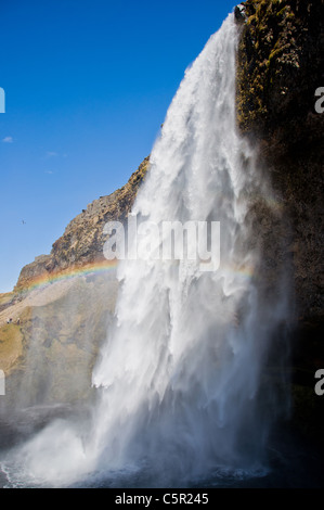 Cascade de Seljalandsfoss avec rainbow, Seljalandsfoss, Islande Banque D'Images