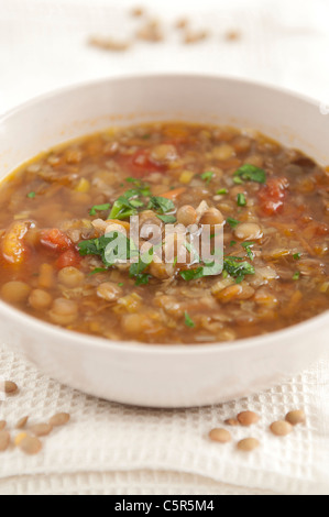 Soupe aux lentilles bulgare avec les tomates, l'oignon, l'ail, végétarien Banque D'Images