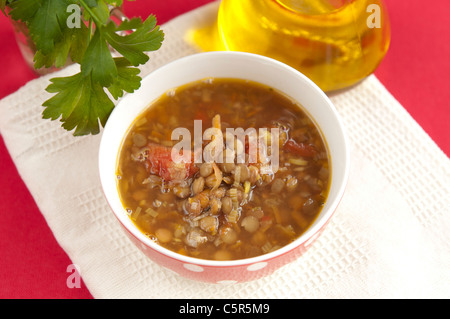 Soupe aux lentilles bulgare avec les tomates, l'oignon, l'ail, végétarien Banque D'Images