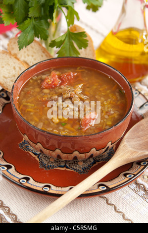 Soupe aux lentilles bulgare avec les tomates, l'oignon, l'ail, végétarien Banque D'Images