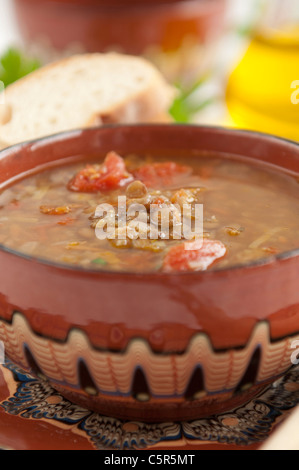 Soupe aux lentilles bulgare avec les tomates, l'oignon, l'ail, végétarien Banque D'Images