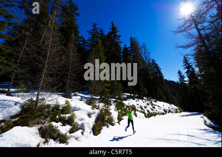 Une femme le jogging à travers une montagne enneigée forêt. Banque D'Images