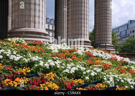 Paris - les colonnes de l'Eglise de la Madeleine et les fleurs Banque D'Images