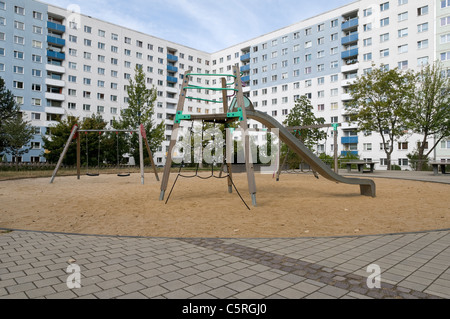 Aire vide, Plattenbau, bâtiments préfabriqués en béton, le logement social, l'immobilier résidentiel, Iéna, Thuringe, Allemagne, E Banque D'Images