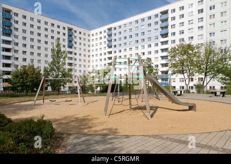 Aire vide, Plattenbau, bâtiments préfabriqués en béton, le logement social, l'immobilier résidentiel, Iéna, Thuringe, Allemagne, E Banque D'Images