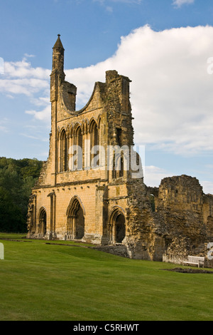 Byland Abbey, Yorkshire du Nord. Montrant le mur ouest de l'abbaye dans la soirée la lumière du soleil. Banque D'Images