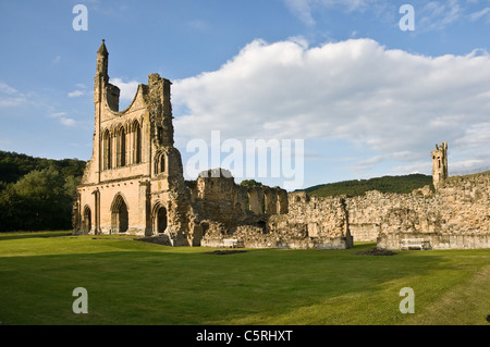 Byland Abbey, Yorkshire du Nord. Montrant le mur ouest de l'abbaye dans la soirée la lumière du soleil. Banque D'Images