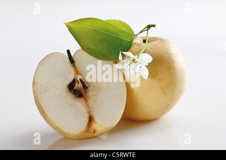 Poire Nashi et de tranches de poire Nashi avec Blossom, close-up Banque D'Images