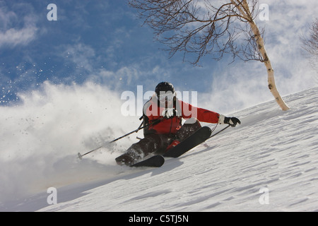 L'Inde, au Cachemire, Gulmarg, Man skiing downhill Banque D'Images