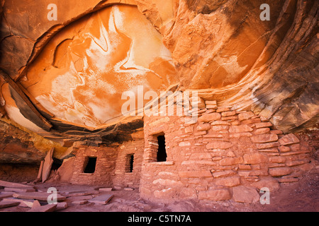 USA, Utah, toit baissé la ruine, ruines indiennes dans la région de North Fork de Mule Canyon, Cedar Mesa Banque D'Images